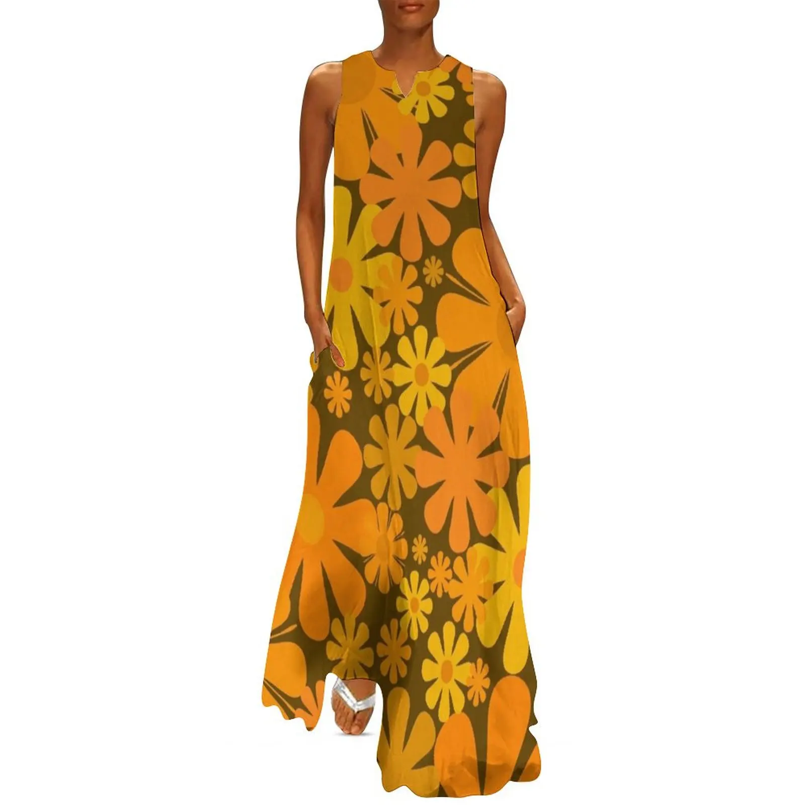 

Retro 60s 70s Aesthetic Floral Pattern in 1970s Dark Brown Orange Mustard Yellow Long Dress women's evening dresses 2025 Dress