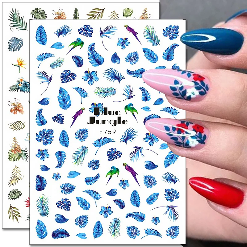 

1PCS Blue Maple Leaf Feather Nail Stickers Nail Art Jewelry Bronzing Leaves Flower Nail Art Decal 3D Stickers Nail Slider