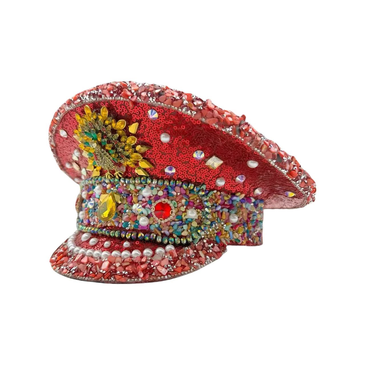 HongLuan – chapeau de capitaine à boucle en cuir jaune Laser, casquettes militaires et strass pour femmes, accessoires de Festivals Rave et casquette de fête pour hommes