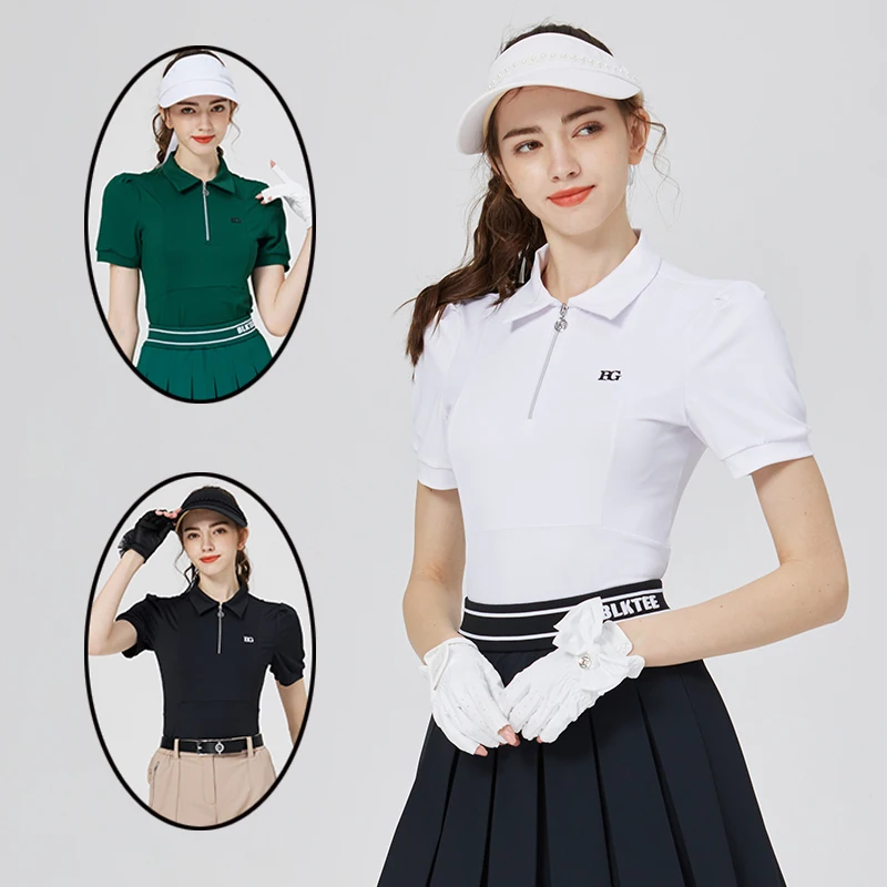 

Blktee новая женская золотая футболка с воротником на молнии, тонкая рубашка-поло с пышными рукавами, женские быстросохнущие дышащие спортивные топы, спортивная одежда S-XXL