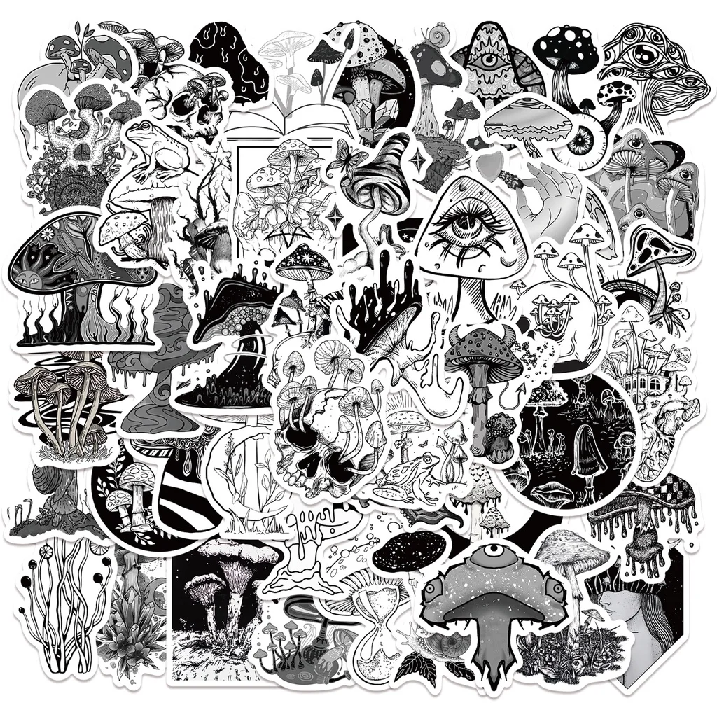 50Pcs Black and White Gothic Style Mushroom Stickers For Luggage Notebook Decal Reforged Glory