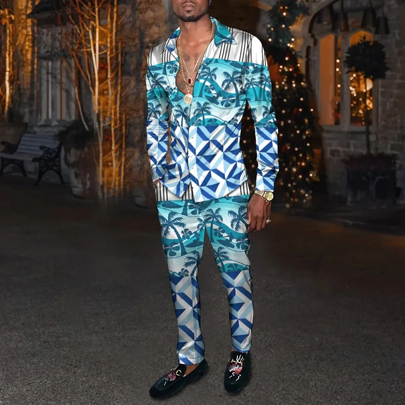 

Новая модная мужская повседневная спортивная одежда с 3D-принтом и цветочным узором, дышащая мужская рубашка с длинными рукавами и лацканами, длинные брюки, комплект из 2 предметов