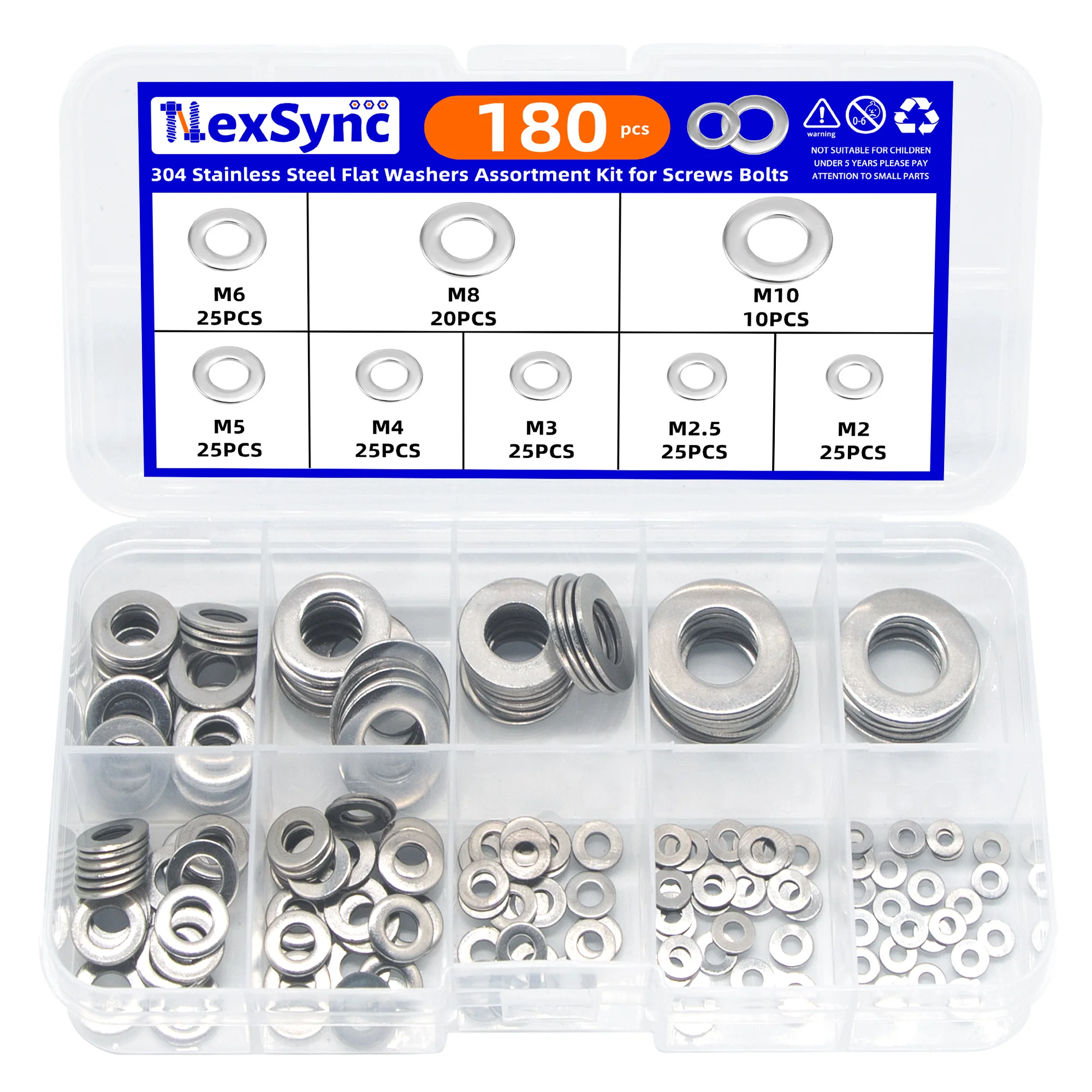 180PCS 304 Stainless steel Flat Washers Assortment Kit for Screws Bolts M2 M2.5 M3 M4 M5 M6 M8 M10 Adjusting Shim Gasket