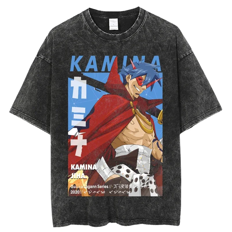 Japanese anime Tengen Toppa Gurren Lagann T-shirt men Harajuku washed graphic tee shirt oversized T-shirt streetwear tops Black