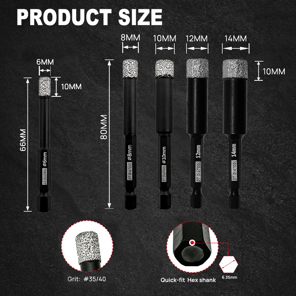 DT-DIATOOL 1pc Tile Cutter Diamond Dry Drill Bits Hole Saw Cutter for Tile Granite Marble Ceramic Dia 6/8/10/12/14mm Holes Drill