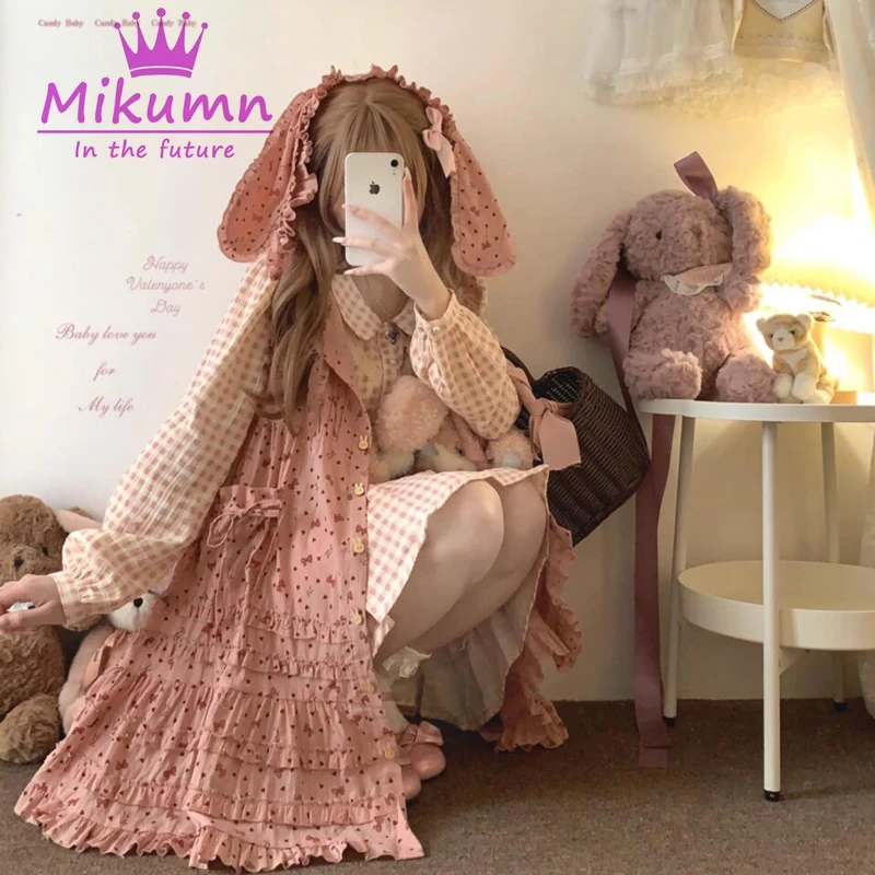 Mikumn Japanese Harajuku Sweet Lolita Mini Dress Women Cute Bow Rabbit Ears Hooded Sleeveless Dress Y2k Girls Kawaii Dresses