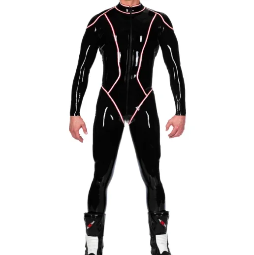 Latex rubber black one-piece sexy sports front zipper bodysuit overall Halloween Cosplay