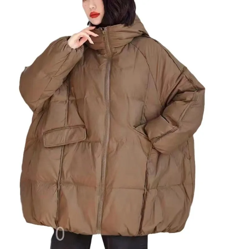 다운 재킷 여성용 한국 버전 루즈핏 여성용 대형 사이즈 화이트 덕 다운 루즈 실루엣 중간 길이 후드 재킷 정교한 디자인