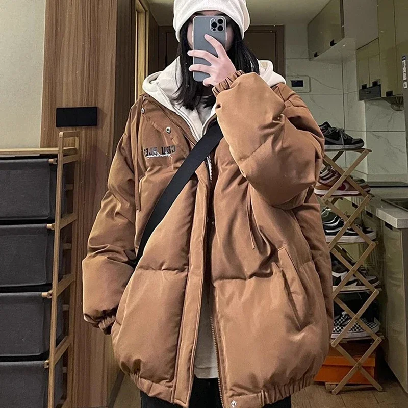 High Street Winter Parkas Women Korean Oversize Vintage Casual Loose Letter Solid Puffy Coats Lady Hooded New Thick Warm Outwear