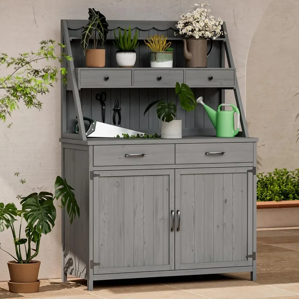 

Potting Bench Table for Outside,Garden Table for Outdoors with Storage Cabinet,Shelves,Drawers,Work Bench for Planting