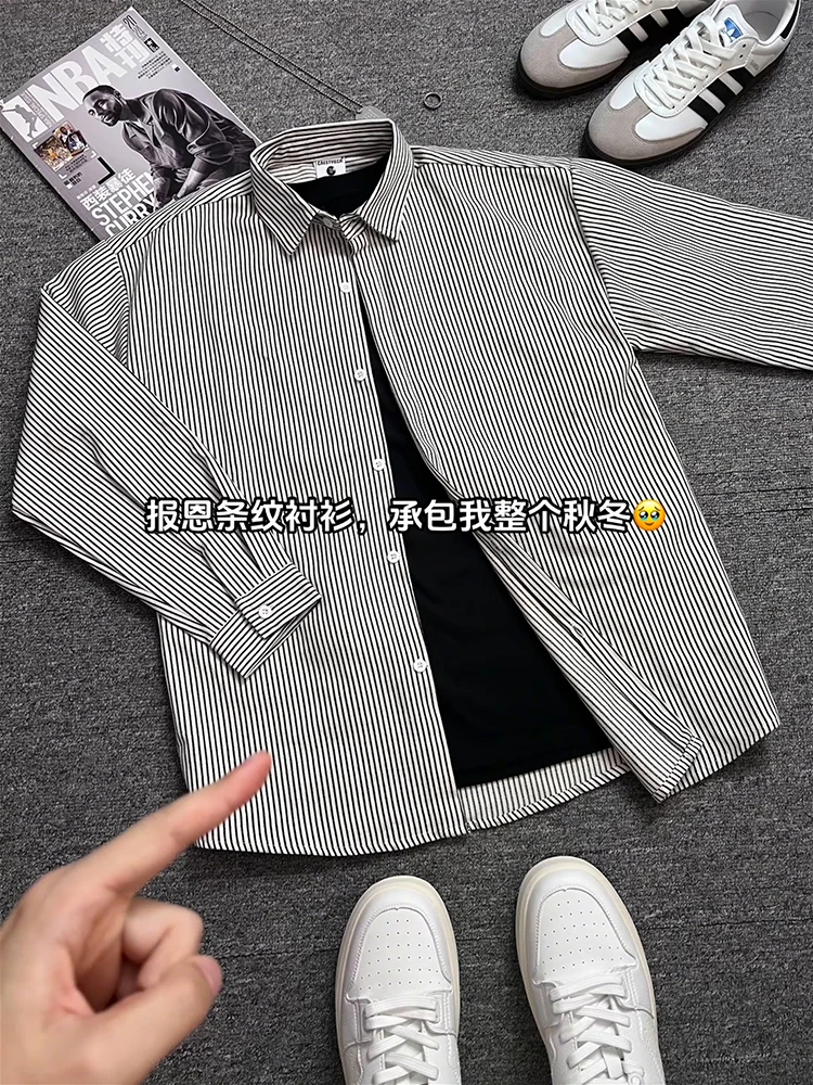 Retro American Striped Men's Long Sleeve Shirt Outerwear Cardigan Autumn Couple's Jacket Loose Fit Youth Trend Polyester Cott...