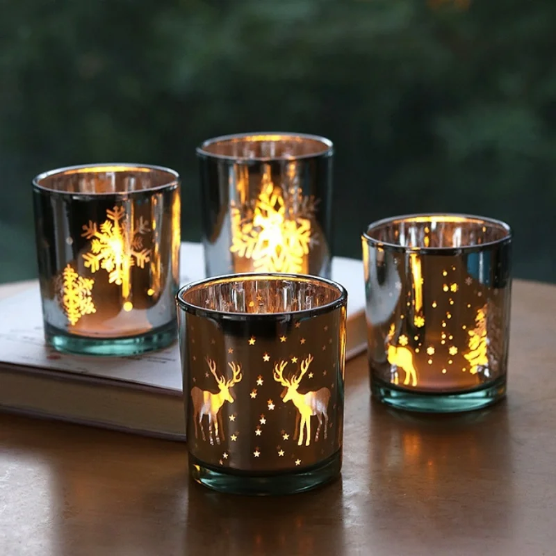 1pc Mini Weihnachten Baum Elch Kerze Tasse Schneeflocke Glas Kerzenhalter Weihnachten Geschenk Shop Hause Esstisch Dekoration Ornament