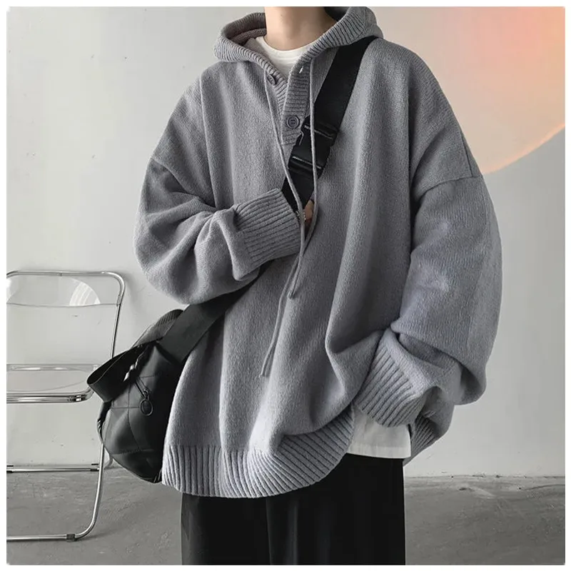 High-end Feel  American Vintage Sweater Men's Lazy Hooded Sweater Couple Button Oversize Knit Men Clothing Coat S-3XL C0063