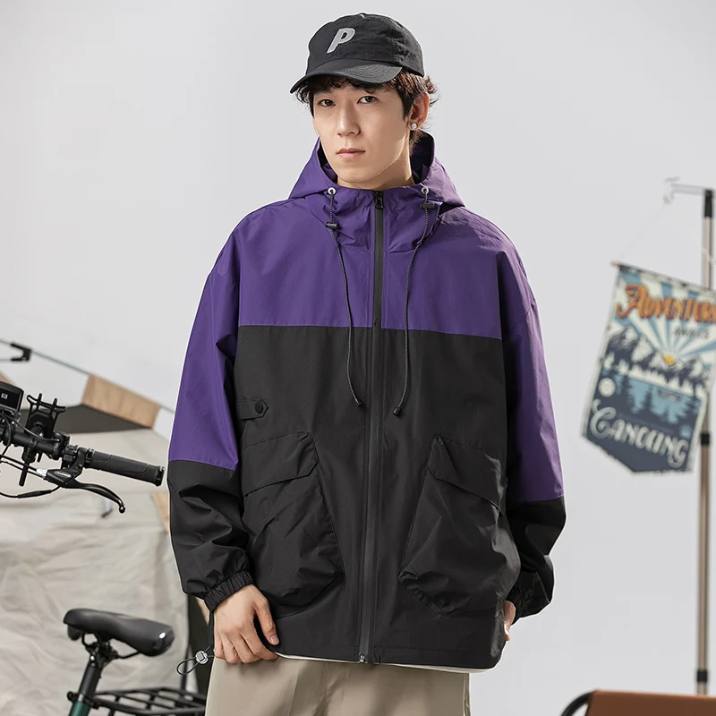 Men's Spring Jacket Casual Patchwork Hooded Zip-up Windbreaker  Outerwear Outdoor Hiking Jacket Male Loose Fashion Streetwear