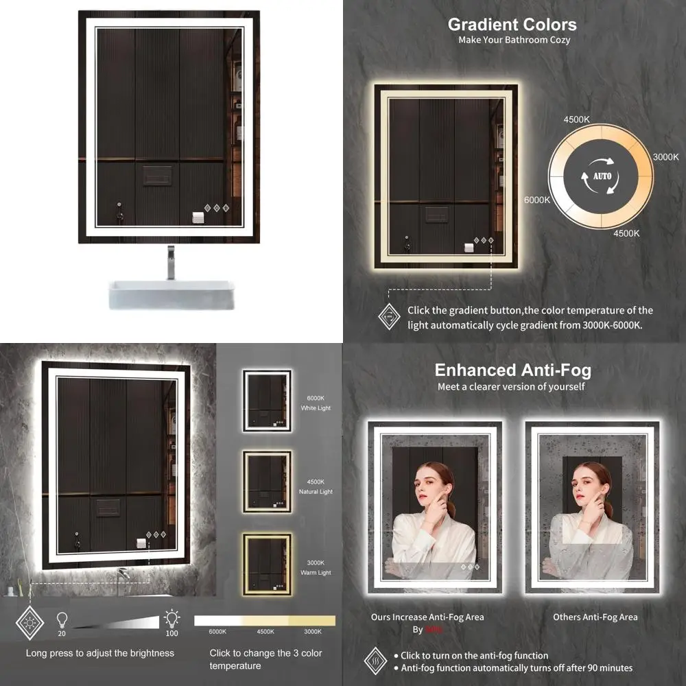 

Зеркало с LED-подсветкой 36 x 28 дюймов, градиентная подсветка, 3 цветовые температуры, регулировка яркости, CRI 90+, водонепроницаемость IP54, настенное крепление для ванной комнаты