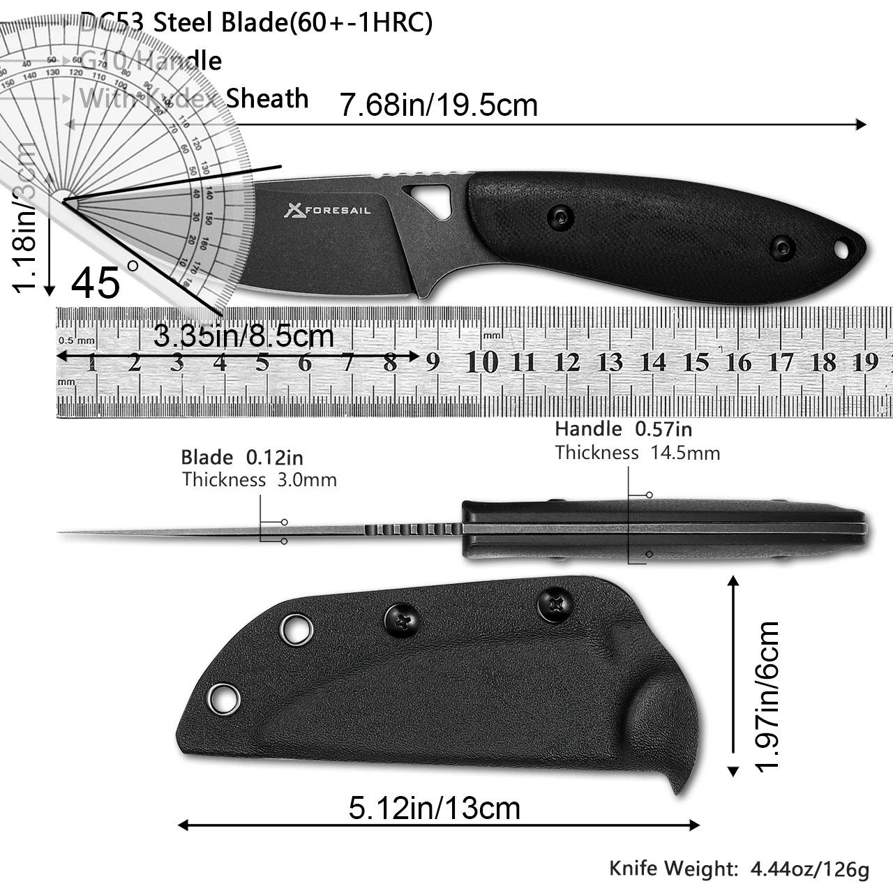 Cuchillo de hoja fija, cuchillo Full Tang. Hoja de acero DC53. Mango G10, con funda Kydex, cuchillo táctico EDC fijo, cuchillos para acampar al aire libre