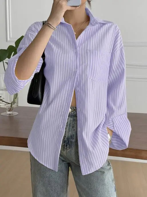 

Casual Cotton T Shirt Woman Striped Long Sleeved High-End Shirt for Women's Clothing 2025 Blouses New Fashion Korean Popular Top