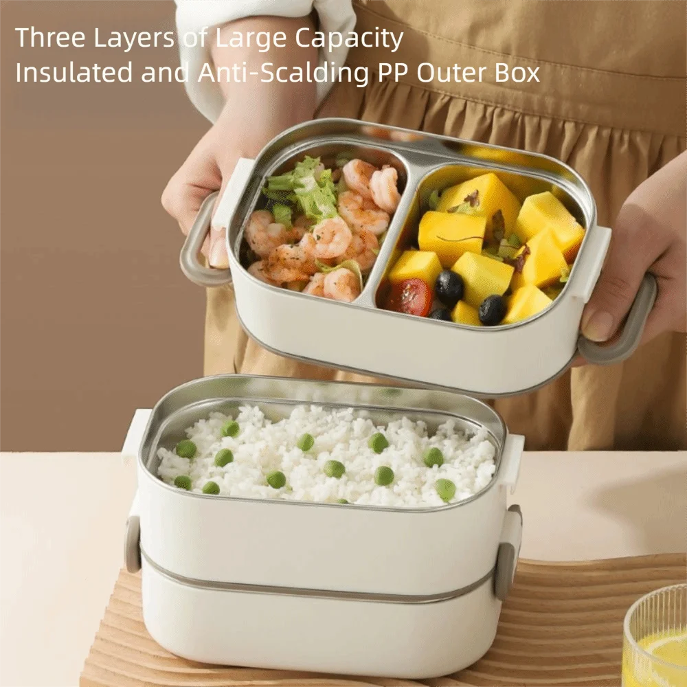 Stainless Steel Thermal Lunch Box With Fold Spoon Microwavable Lunch Box Set Stackable Divided Food Storage Containers