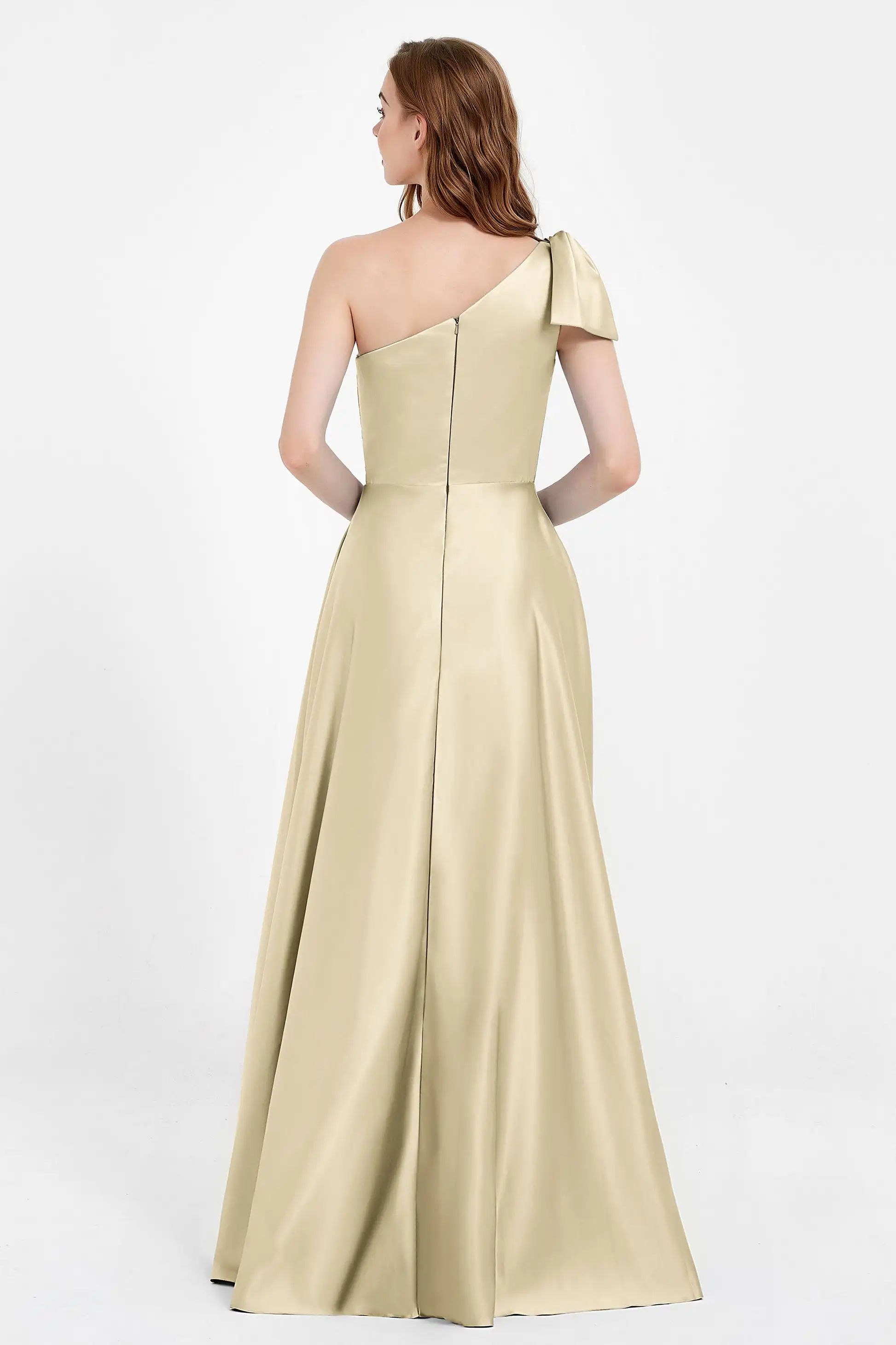 Satin A-line Bridesmaid Dresses With Bow One-Shoulder Modest Simple Women's Party Gowns Elegant Pleat Long Wedding Guest Dress