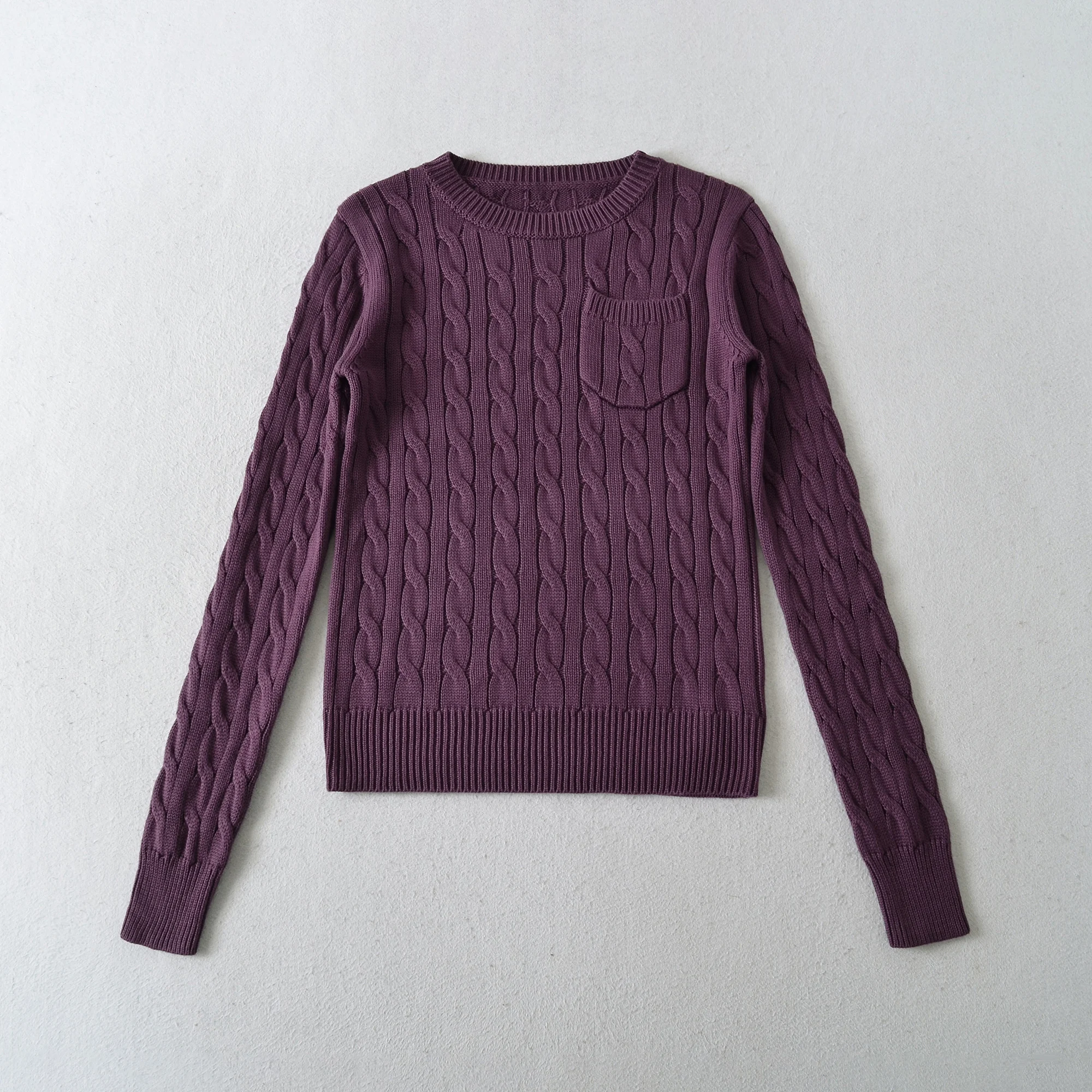 Nueva moda, suéter de punto trenzado con cuello redondo para mujer, jersey de manga larga con un bolsillo, prendas de punto de otoño, color morado, verde militar