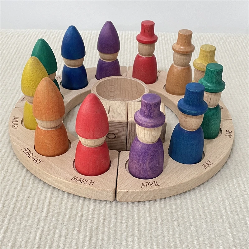 Wooden Perpetual Calendar Peg Dolls Figures Kids Learning Time Toys Open Ended Play Game Year Advent Calendar for Children