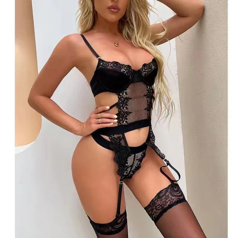 

Женское сексуальное кружевное боди с цветочной вышивкой и v-образным вырезом, комплект нижнего белья Тедди с подвязками, эротическое трехточечное бикини, костюм нижнего белья