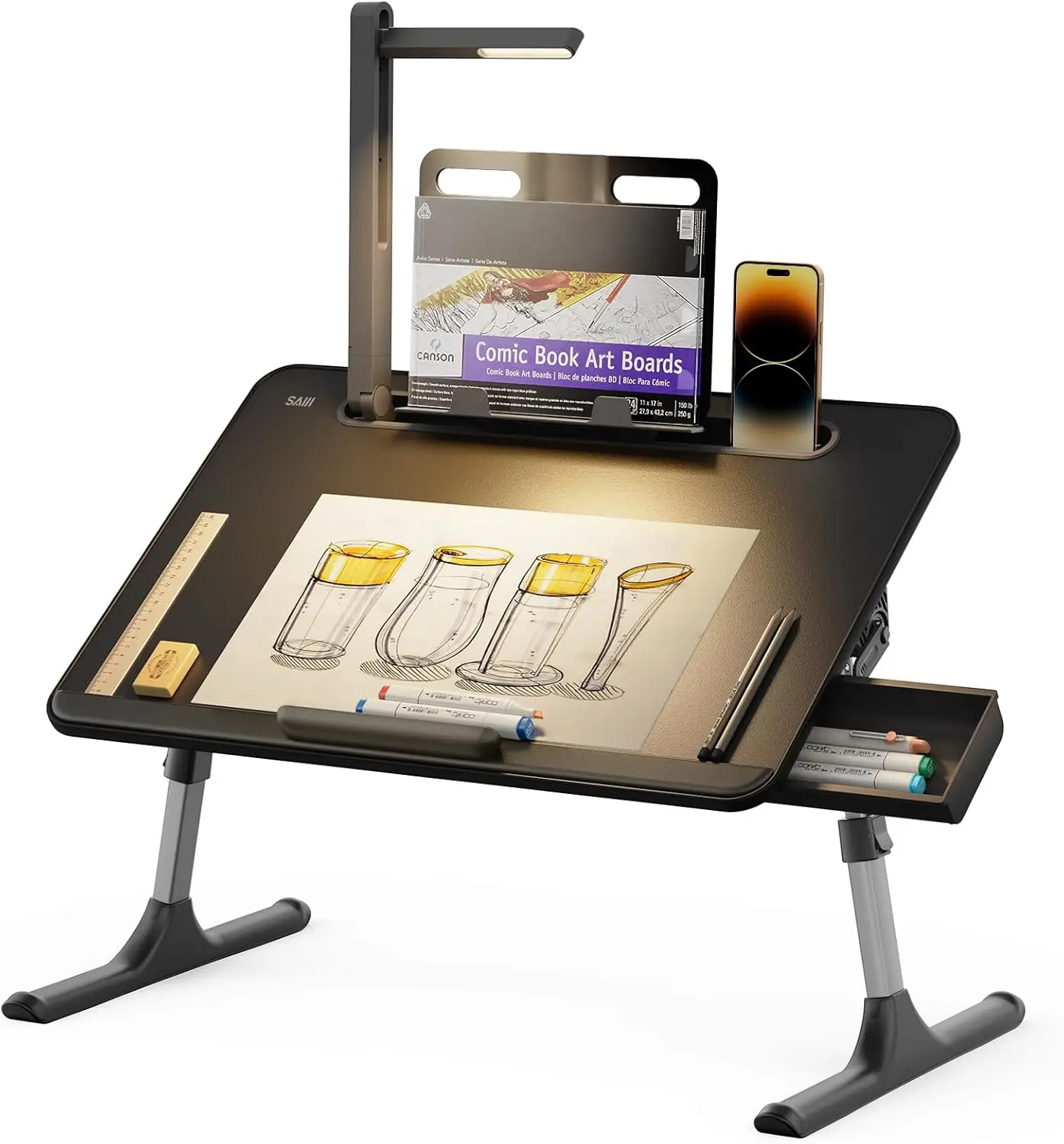 

Регулируемый столик для ноутбука со светодиодной подсветкой, прикроватный столик для чтения, письма и рисования, регулируемая по высоте подставка (черный)