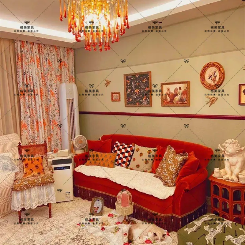 

French fringed caramel color double triple living room sofa retro nostalgic vintage designer Xiaohongshu furniture