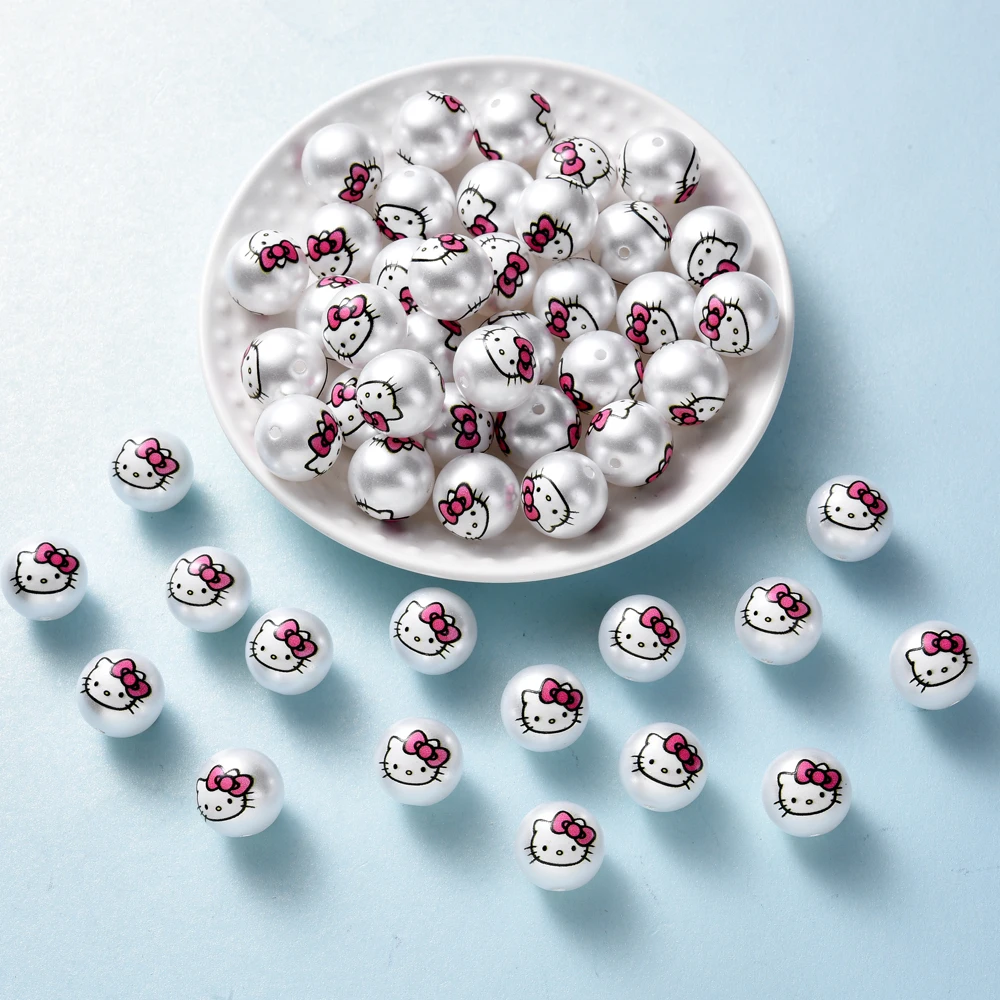 

10Pcs Acrylic Beads Cute Hello Kitty Cat Print Round Beads for DIY Pacifier Chain Clips Necklace Bracelet Accessories
