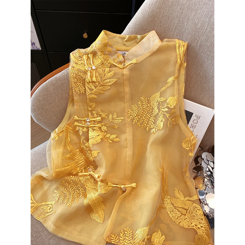 Vintage Vest Shirt New Chinese Style Embroidered Stand Collar Organza Vest Spring and Summer Temperament Women\'s Clothing