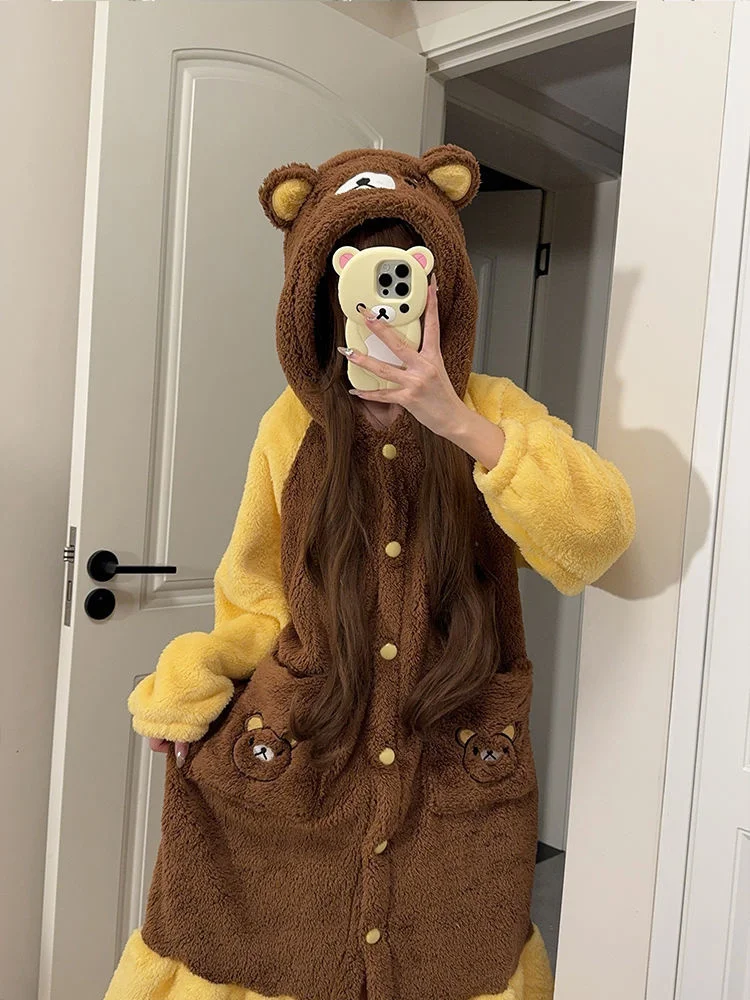 Cute Rilakkuma Winter Pajama Cartoon Animal Soft Plush Jumpsuit For Adults Kawaii Velvet Pajama Night Robe Cosplay Suit Girls