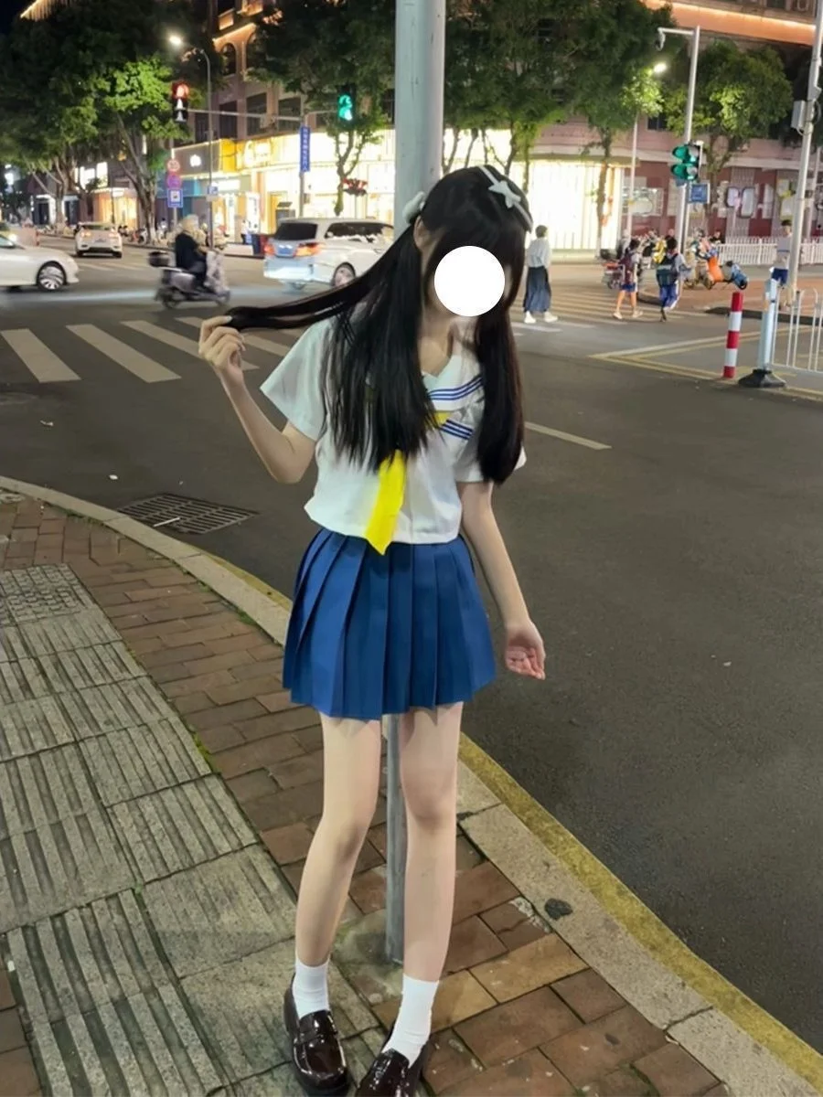 College Style JK Basic White Collar Blue Three Book Uniform Set with Matching Sea Blue Pleated Skirt Soft Girl Outfit for Women