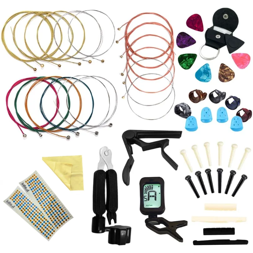 Guitar Accessory Set inclui Cordas Acústicas, Tuner, Capo, 3 em 1 Resto Tool, Pick Clip, Ponte Pin, porca e Saddle, Finger Prot