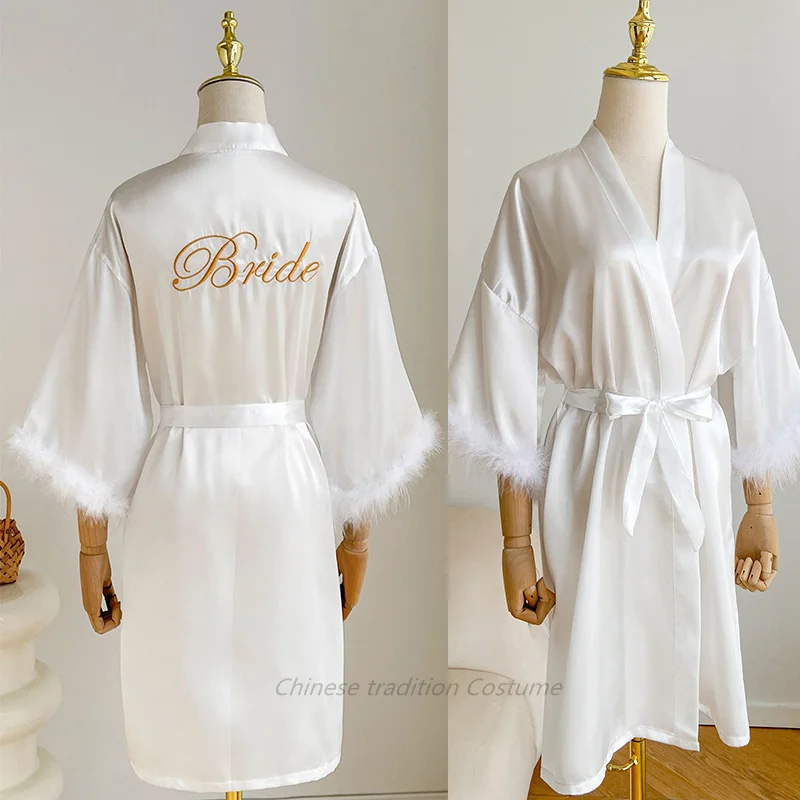 Wedding Bride Bridesmaid Robe Satin Kimono Intimate Lingerie Lady Sexy Feather Sleeve Bathrobe Nightgown Short Sleepwear Onesize