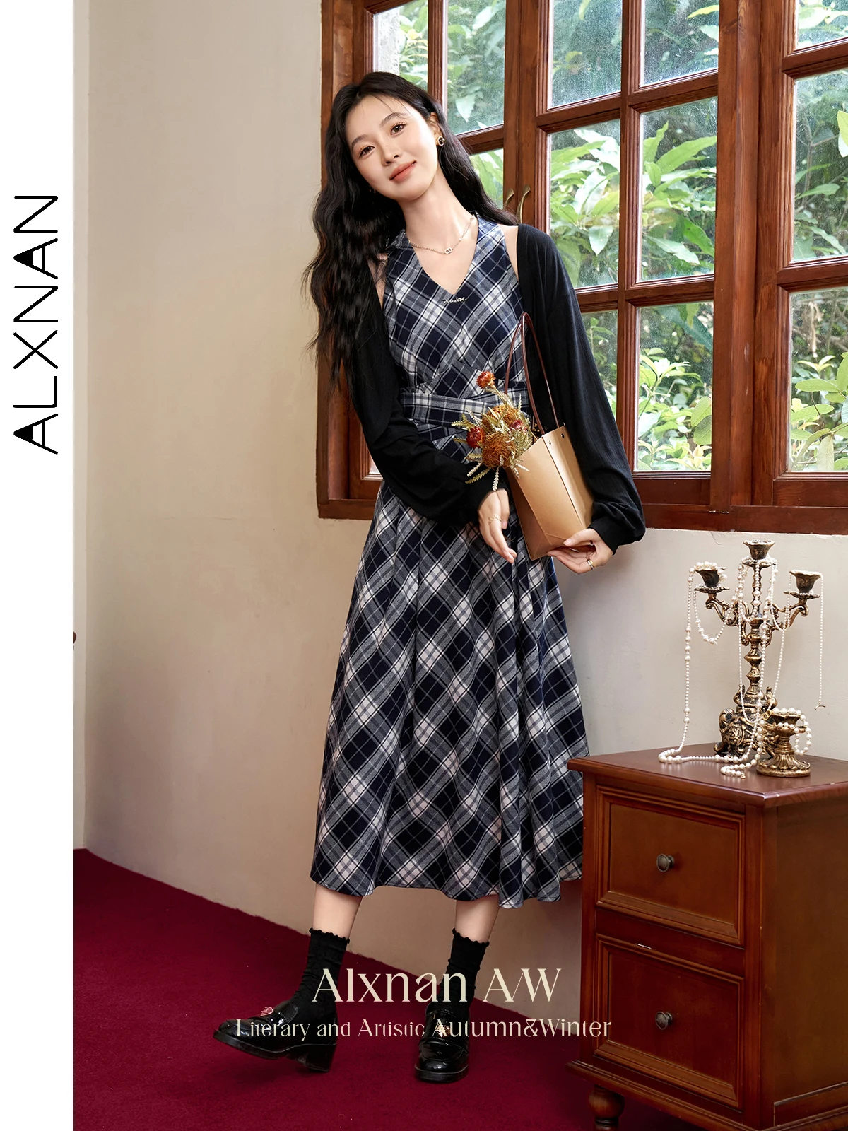 

ALXNAN Women's Plaid V-neck Dresses 2024 Fall New Cross Strap Slimming Temperament Commuter Midi Dress Sold Separately DYL661273