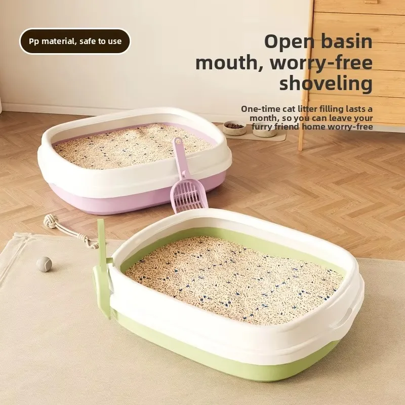

3 Colors Plastic Cat Litter Box with Scoop Semi Enclosed Design Large Capacity & Easy to Clean