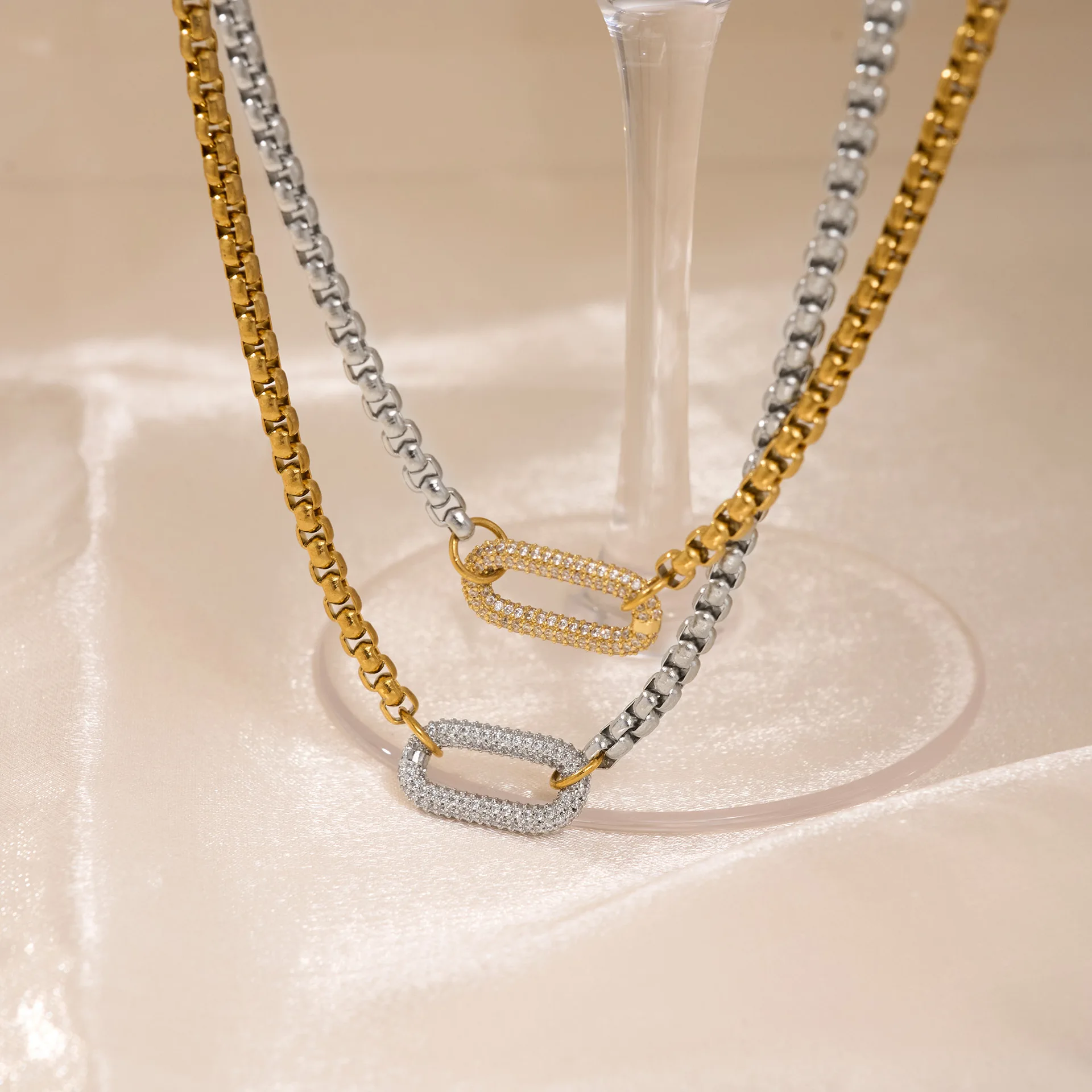 YHTOT Minimalist Zircon Geometric Pendant Necklace 18K Gold Color Plated Stainless Steel Chain Stackable Necklace Women's Access
