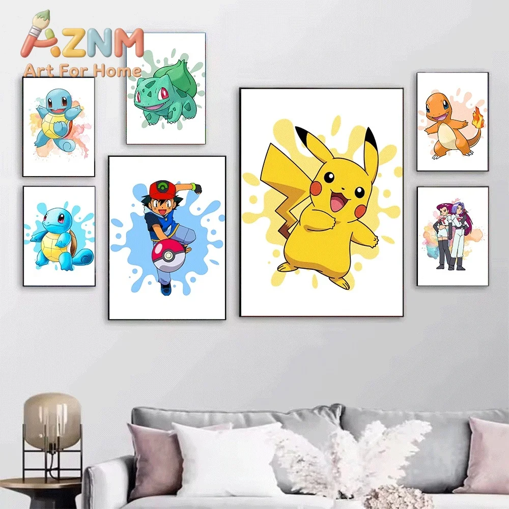 2D Flat Posters & Prints,Pikachu Watercolor Splash Canvas Wall Art,2D Flat Frameless Anime Monster Print,Home Decor for Kids B