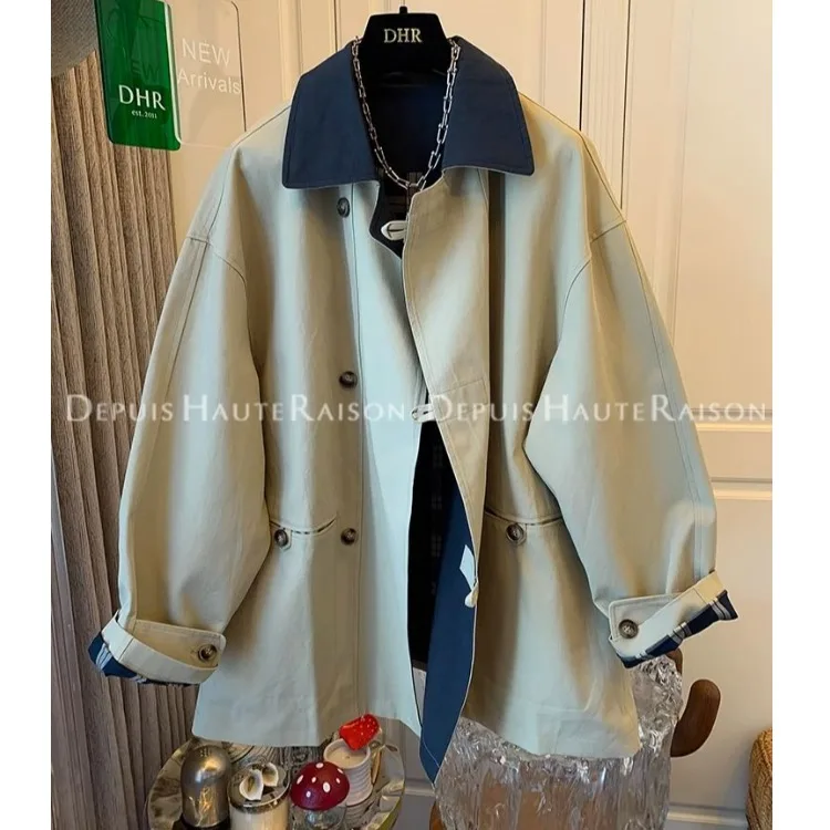 Vintage Oversized Color Block Long Coat Women's Loose Top Fashionable Autumn Wear Comfortable Fit Female Outerwear
