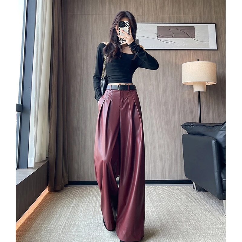 MEXZT أسود بولي Leather جلد بنطال ذو قصة أرجل واسعة النساء الشارع الشهير حزام فضفاض الأحمر دعوى السراويل الشتاء Harajuku الكورية عادية مستقيم بنطلون