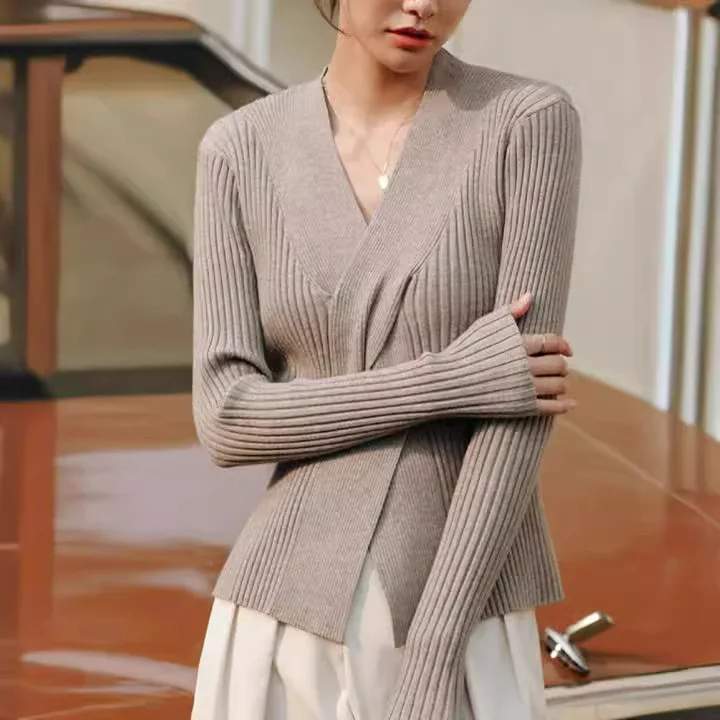 

7488, весенний новый французский вязаный свитер с v-образным вырезом и закрученным узлом, облегающий вязаный свитер, базовая рубашка, топ для женщин