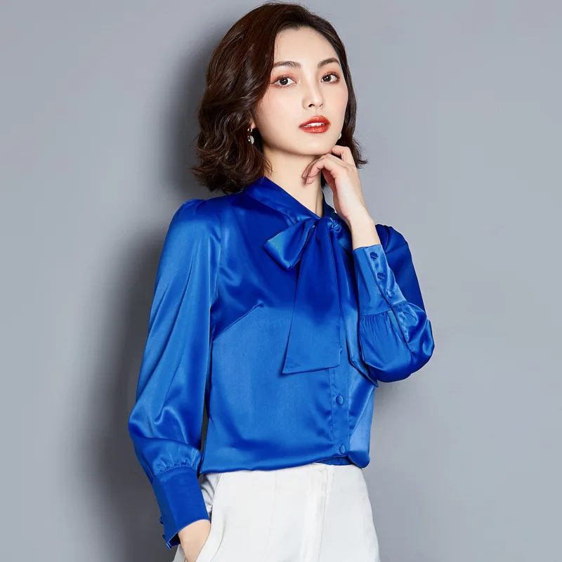 Real Silk Fashion Bow Tie Blouses Women Spring Autumn Long Sleeve Satin Shirt Korean Chic Solid Tops Office Lady Work Wear XXXL