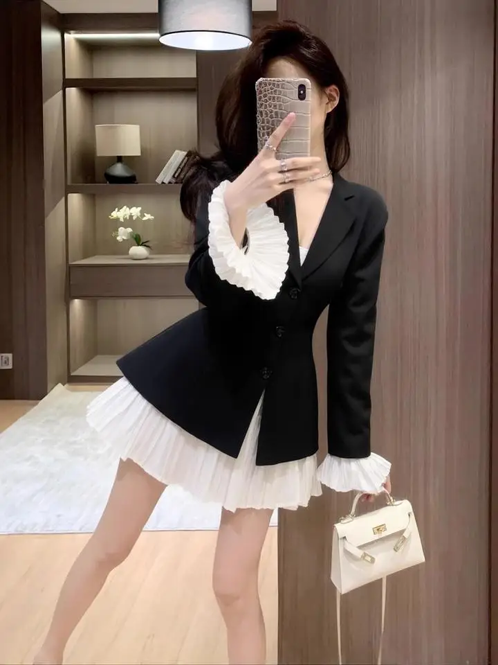 

Ele Bla Suit Dr Women's ature High Waist Slimming Splicing Small Fraance Sle Western Dr for Women