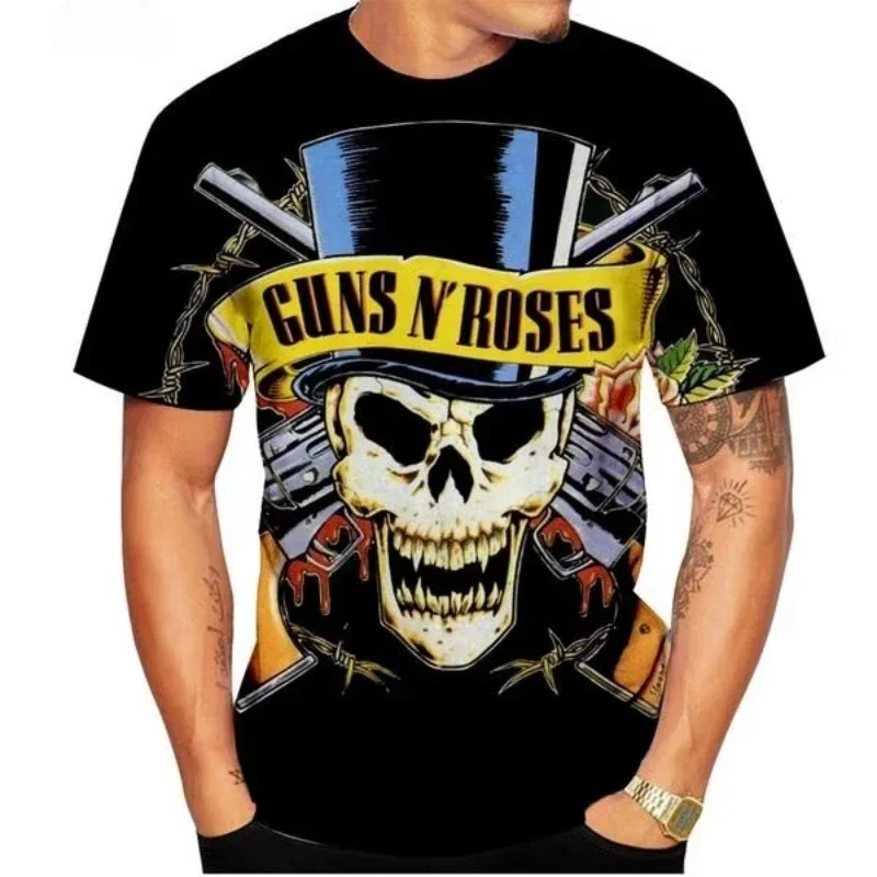 Fashion Casual Men's Guns N' Roses 3D Print T-shirt Hip-hop Harajuku Street Personality Oversized T-shirt Short-sleeved Tops