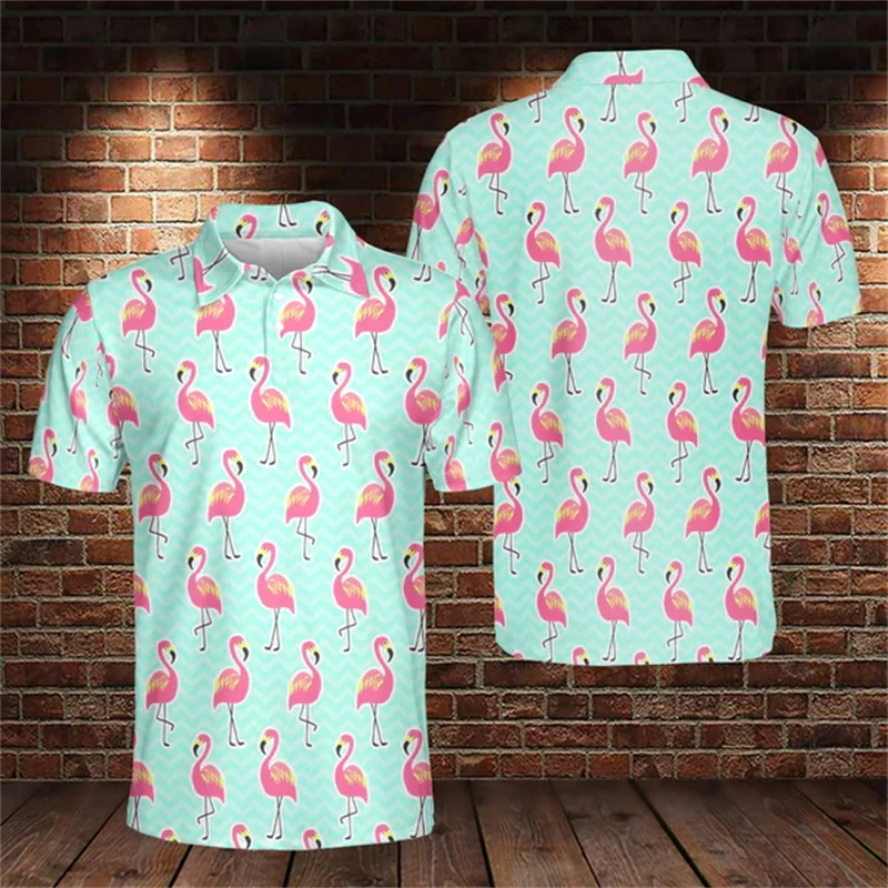 Vintage Men Hawaiian Polo Shirts 3d Print Flamingo Graphic Unisex Casual Y2k Short Sleeve Clothing Male Fashion Streetwear Tops