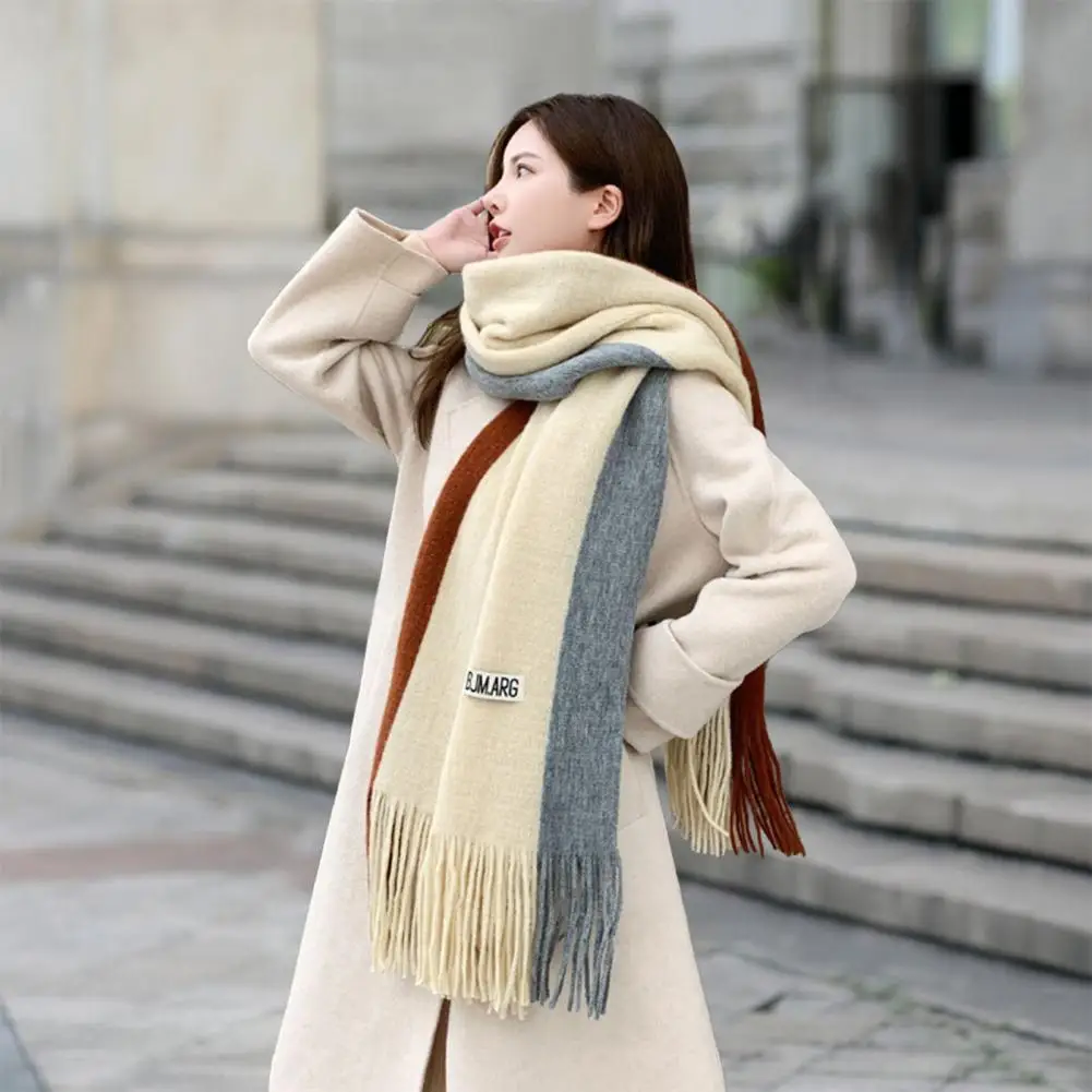 Neck Cover Cozy Winter Scarf with Tassel Decor Windproof Patchwork Design Heat Retention Technology for Women for Outdoor