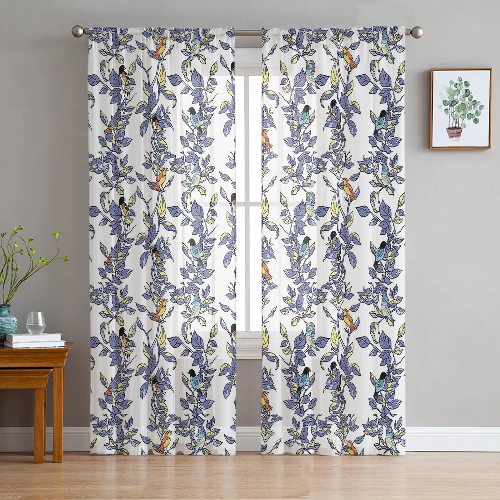 Plant Vines Hand-Painted Yellow Blue Sheer Curtains For Living Room Window Tulle Curtain Bedroom Kitchen Decoration Voile Drapes