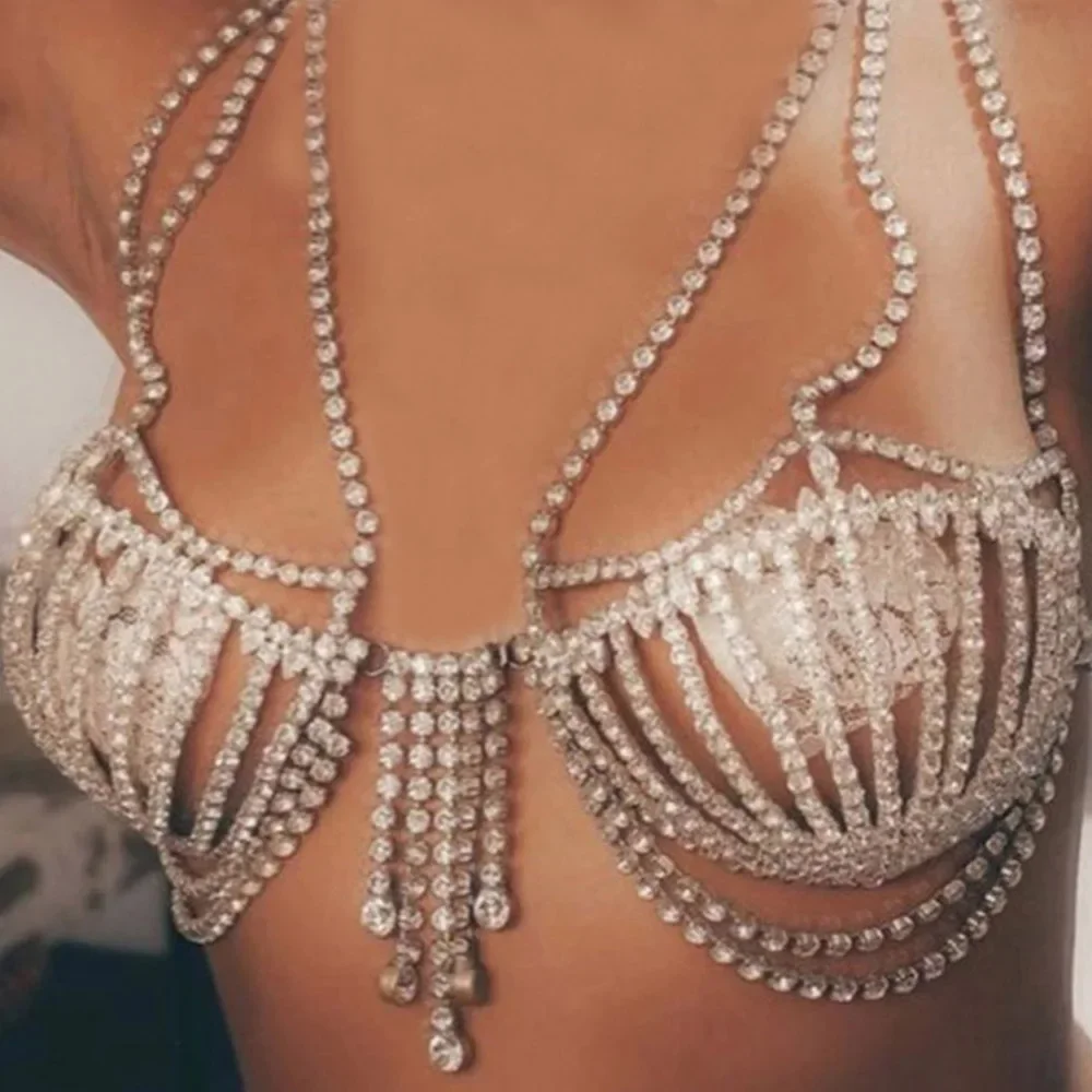 Stonefans Fashion Bikinis Rhinestone Bra Chain Chest Accessories Nightclub Clothing Festival Crystal Body Jewelry Top for Women