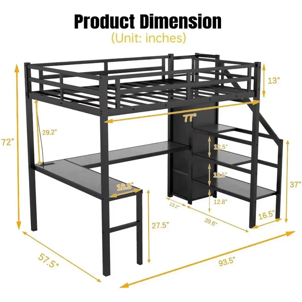 Loft Bed with Desk Underneath, Full Size Loft Bed with Stairs and Storage, Metal Loft Bed with Wardrobe and Adjustable Shelf