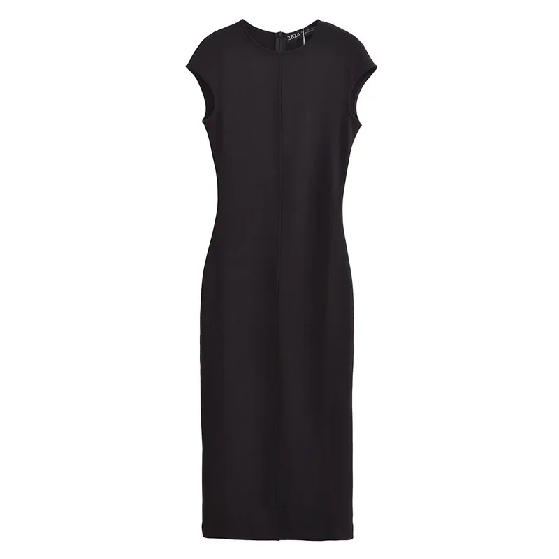 여름 간단한 솔리드 컬러 여성 오피스 드레스 패션 라운드 넥 여성 민소매 긴 드레스